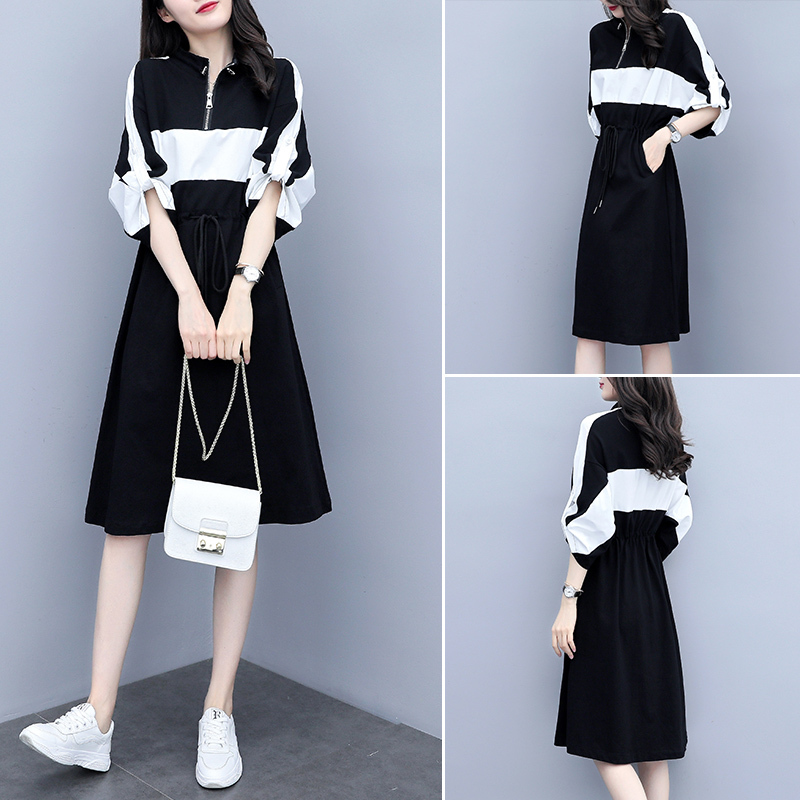 2026 Spring New Style Loose Waist-Cinching Color-Block Casual Dress Fashionable Socialite Style Mid-Length Sweatshirt Dress for Women