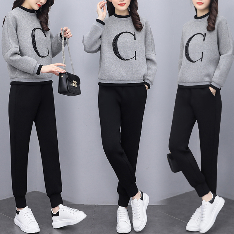 Casual sportswear suits women's spring and autumn 2021 new fashion large size women's women's thick T-shirt two-piece tide brand