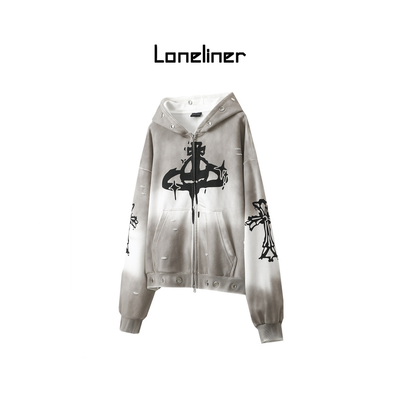 Loneliner 26Ss Designer Style Gradient Distressed Saturn Print Hooded Sweatshirt Zipper Cardigan