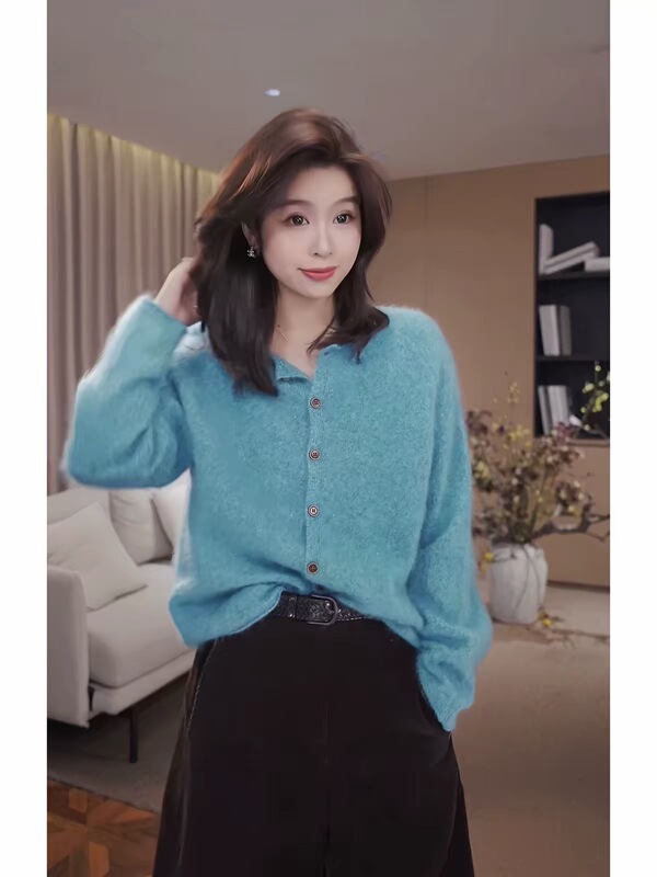 Don'T Miss Out! Sequin Yarn Brushed Round-Neck Loose Cardigan Round-Neck Cashmere Cardigan
