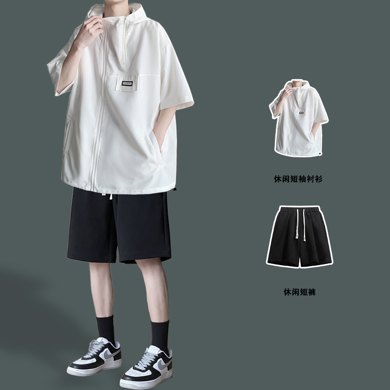 Zipper-Decorated Hooded Sun-Protective Summer Jacket Casual Men's Short-Sleeved Shirt Youth Trendy Half-Sleeve Suit for Men