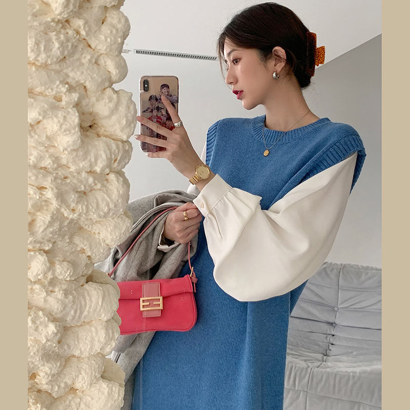 Law-style retro famous hime high sensational knit bottom inner lap long dress with large coat sweater for children autumn and winter
