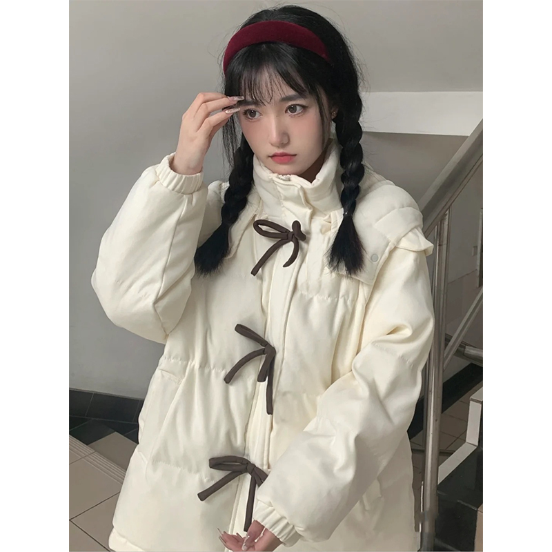 White down Jacket with Bow Tie for Women, New Winter Style, Sweet and Loose College Style, Thick Cotton Coat for Petite Figures, Trendy White down Jacket with Bow Tie for Women, New Winter Style, Sweet and Loose College Style, Thick Cotton Coat for Petite Figures, Trendy