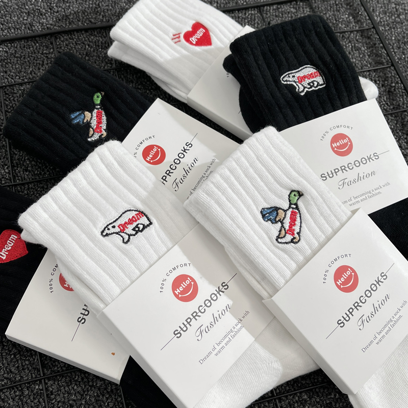 Polar Bear Embroidered Socks Men's Mid-Calf Socks ins Trendy Brand Autumn and Winter Pure Cotton Deodorant Sports Socks Sweat-Absorbent