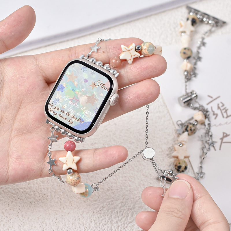 [Asteroid] Suitable for Apple Watch Colorful Stone S10/9 Watch Strap iWatch S11 Star Beaded Bracelet Watch Strap Apple Watch Se/8/7/6/5 Creative Double Chain Adjustable Watch Strap for Women