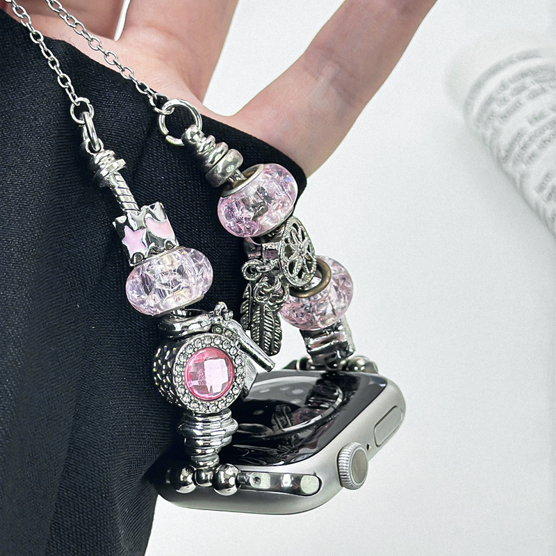 Suitable for Apple Watch S10/9/8 Watch Strap, Artificial Crystal Beaded Style iWatch Se Pendant, Apple Watch S11 Metal Bracelet Adjustable Strap, Women's Summer Pandora High-End Niche Wristband