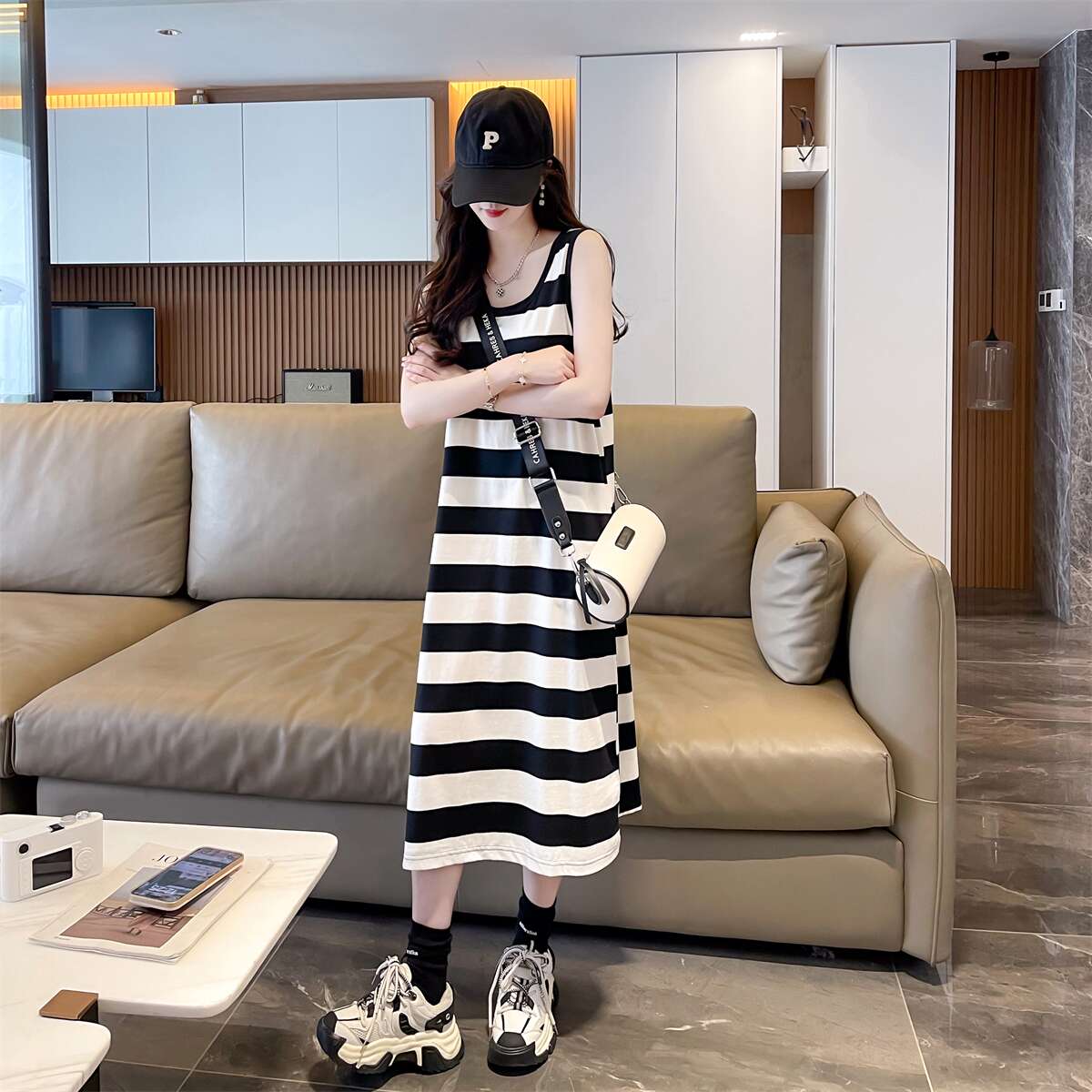 한국 동대문 여름 새로운 캐주얼 라운드 넥 루즈핏 스트라이프 배색 외국 가스 패션 민소매 조끼 원피스 상세 이미지 1