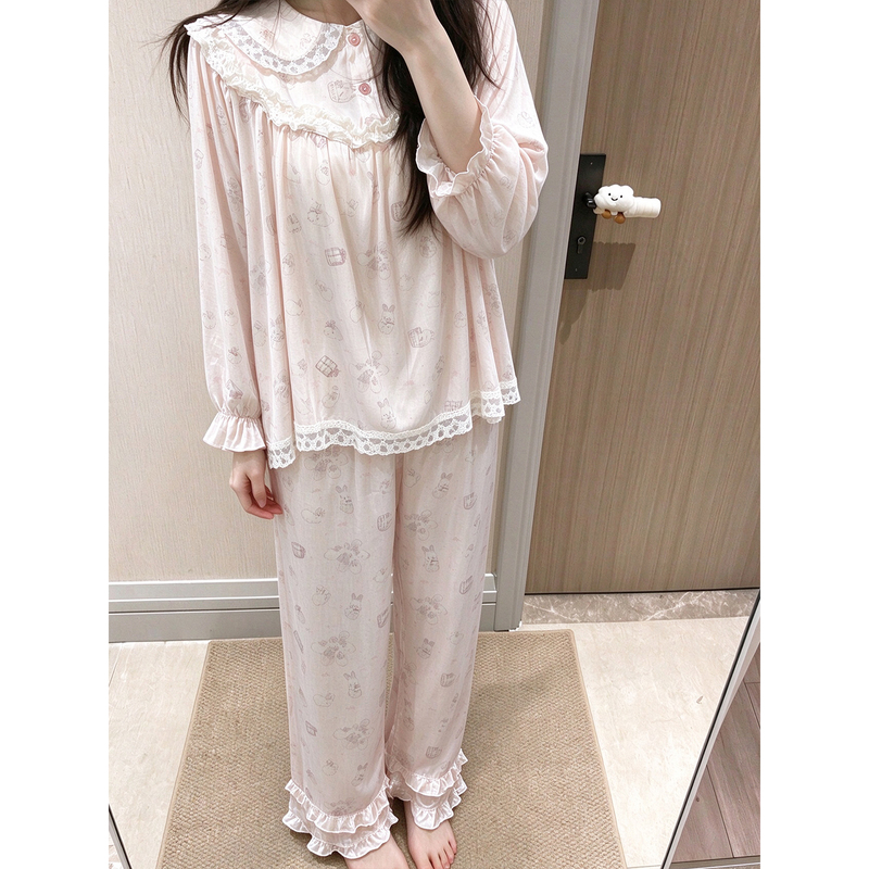 This Year's Popular Palace-Style Ice Silk Pajamas for Women, 2026 Autumn, Long-Sleeved, High-End Home Wear Set with Bunny Design
