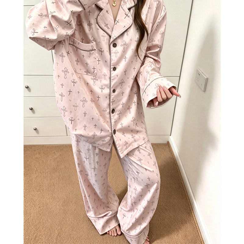 This Year's Popular Ice Silk Pajamas for Women 2026 Autumn New Style Cross Print Drapey Long-Sleeved Loungewear Set This Year's Popular Ice Silk Pajamas for Women 2026 Autumn New Style Cross Print Drapey Long-Sleeved Loungewear Set