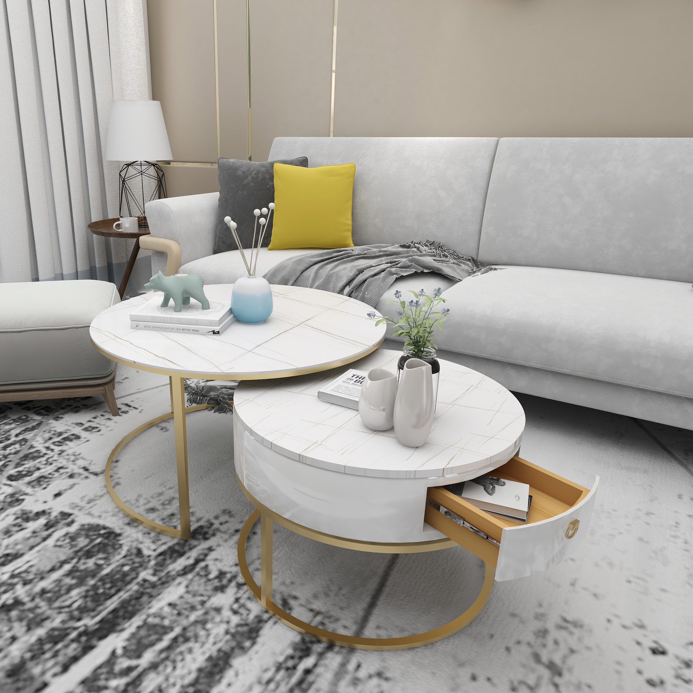 Nordic round rock slab tea table flowers a few drawers net red simple small apartment light luxury style home living room table marble - Taobao