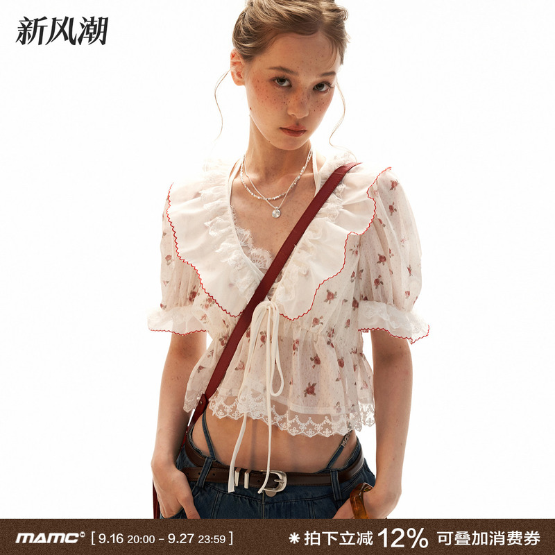 Mamc Polka Dot Floral Puff Sleeve Cardigan V Neck Lace-Up Ruffled Top Summer New Sweet and Spicy Style Shirt Mamc Polka Dot Floral Puff Sleeve Cardigan V Neck Lace-Up Ruffled Top Summer New Sweet and Spicy Style Shirt