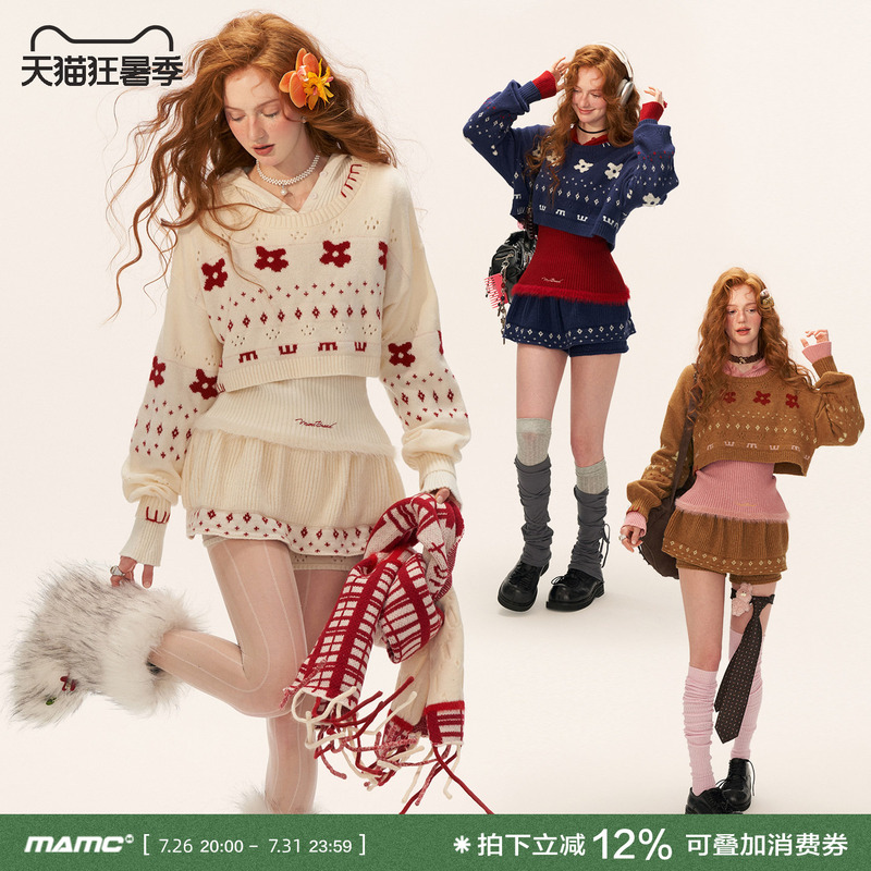 Mamc Star Flower Jacquard Round Neck Short Sweater Knitwear 2025 Autumn and Winter New Loose Lazy Style Top
