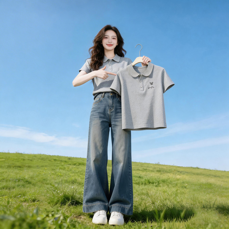 Pure Cotton Gray Polo Collar Short-Sleeved T-Shirt for Women, Summer 2026 New Style, High-End, Loose, Slimming Top for Petite Figures Pure Cotton Gray Polo Collar Short-Sleeved T-Shirt for Women, Summer 2026 New Style, High-End, Loose, Slimming Top for Petite Figures