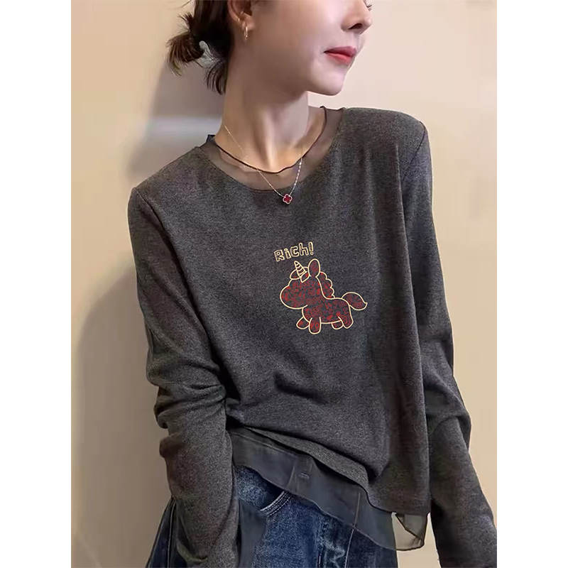 Pure Cotton Round Neck Dark Gray Lace Mesh Patchwork Long-Sleeved T-Shirt for Women, Fashionable and Stylish Base Shirt for Spring and Autumn Pure Cotton Round Neck Dark Gray Lace Mesh Patchwork Long-Sleeved T-Shirt for Women, Fashionable and Stylish Base Shirt for Spring and Autumn