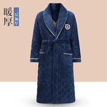  Mens nightgown winter coral velvet padded three-layer thick mens flannel winter warm medium and long home clothes