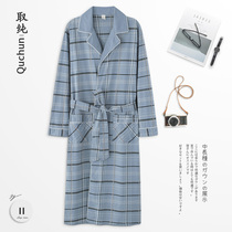  Pure mens nightgown pure cotton summer long-sleeved loose mid-length Japanese bathrobe spring and autumn casual morning robe home service