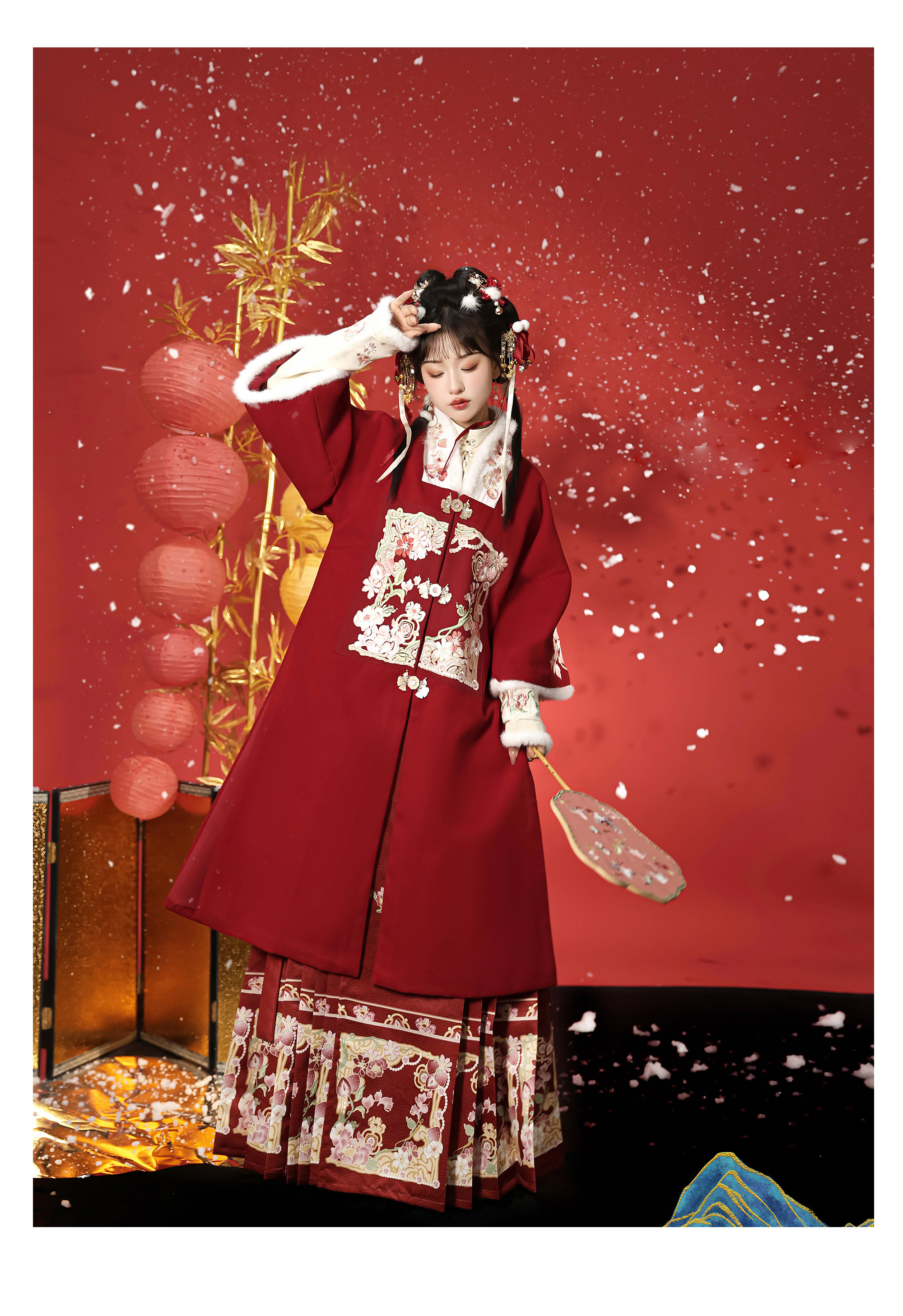 【中国直邮】荨茉乐淘淘 新款秋冬原创汉服明制加绒加厚马面裙 (红色合领补袍+米色立领+马面裙) S