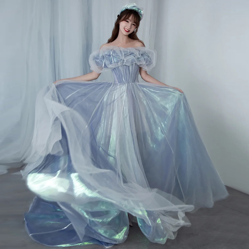 Evening gown dress Fairy Qi Students Banquet Host of the annual Arts Cortest solo Blue Birthday High-end Atmospheric End