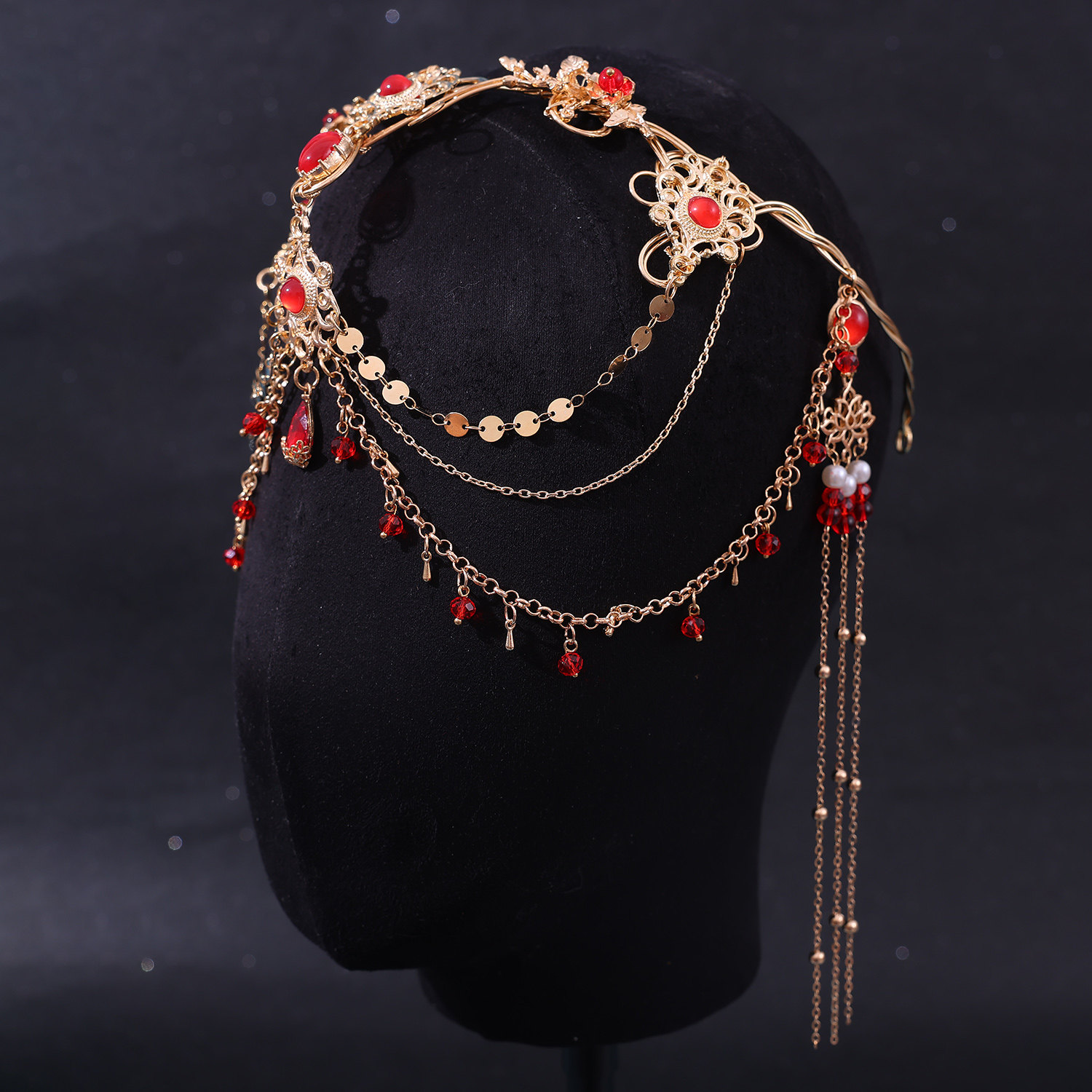 Rot Lila Tropfen Kristall Lange Kette Antike Exotische Ethnische Braut Hochzeit Kopfbedeckung Haarschmuck für Frauen Handgefertigter Haarschmuck – Detail 5