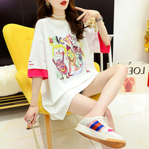 Fake two-piece lactation clothes short-sleeved T-shirt womens 2021 new summer loose medium-long section postpartum out feeding clothes tide