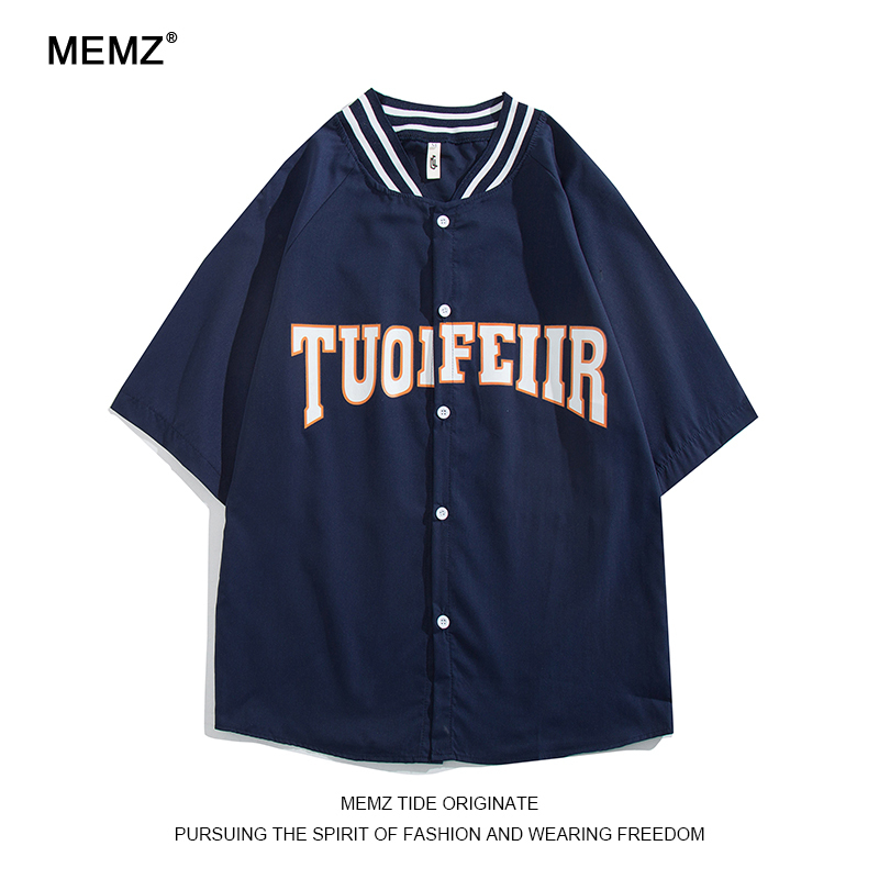 Memz Hong Kong Style Loose High Street Letter Jacquard Design Short-Sleeved Shirt Men's Trendy Summer Baseball Collar Casual Shirt