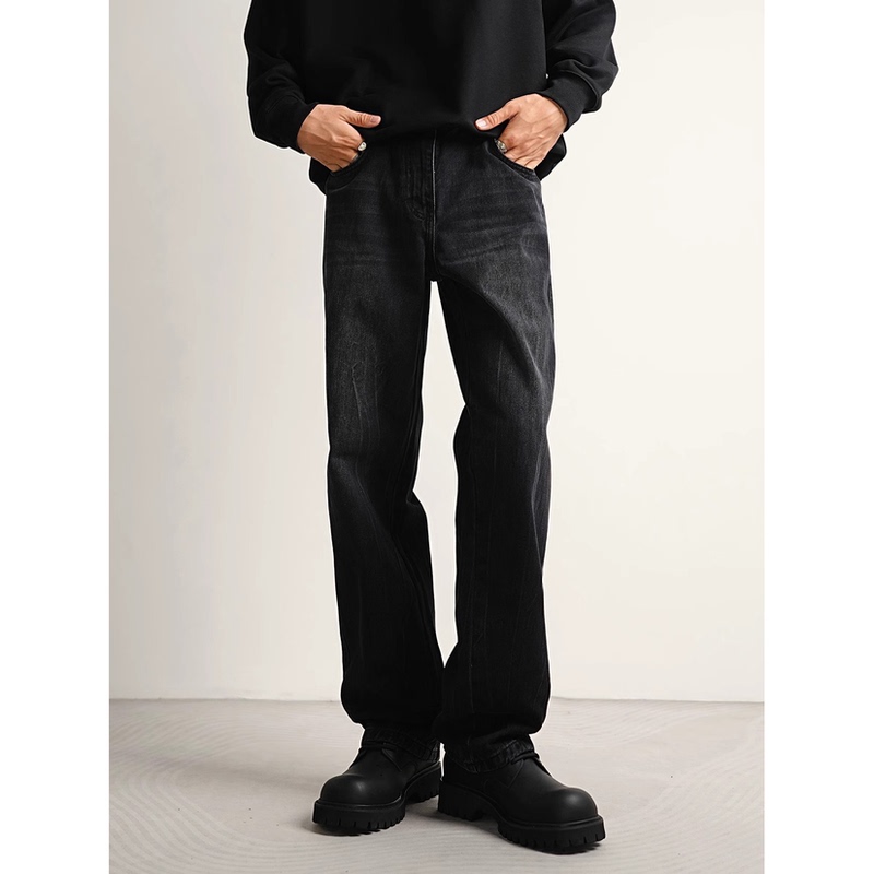 Spring and Summer New Black Casual Jeans for Men, Versatile Loose Straight Wide-Leg Washed Long Pants, American Style Trendy Brand