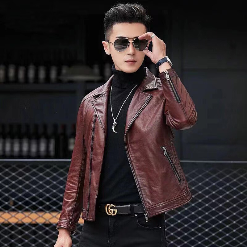 Spring and Autumn New Haining Sheepskin Leather Jacket Men's Suit Collar Slim Short Leather Jacket Stylish Casual Coat