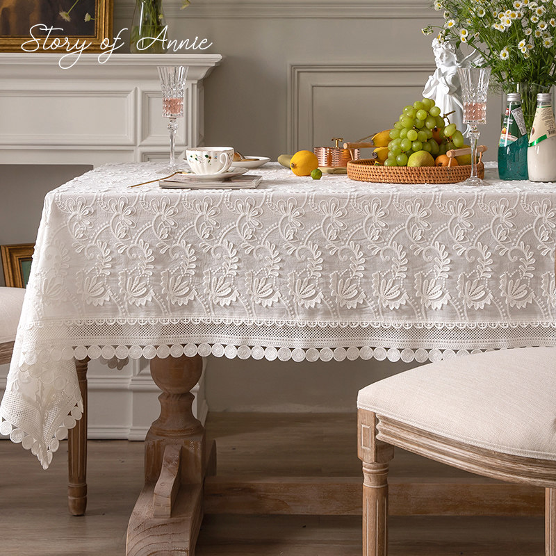American light luxury high-end lace tablecloth high-end luxury white table cloth rectangular tea table cloth embroidery