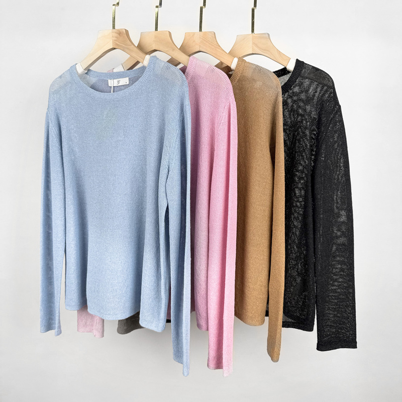 Japanese Paper Yarn Round Neck Knitted Pullover Long-Sleeved Women's Top, New Spring and Autumn Style, Loose Casual Outerwear Top