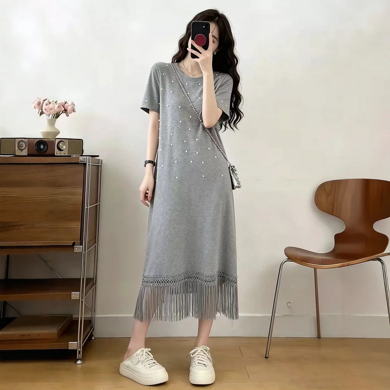 Heavy Beaded Short-Sleeved T-Shirt Dress for Women, Summer 2026, Plus Size, Slimming Design, Tassel Long Dress Heavy Beaded Short-Sleeved T-Shirt Dress for Women, Summer 2026, Plus Size, Slimming Design, Tassel Long Dress