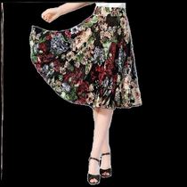 Joker ladies vacation soft pleated summer summer mother half skirt thin print summer 50 60 years old