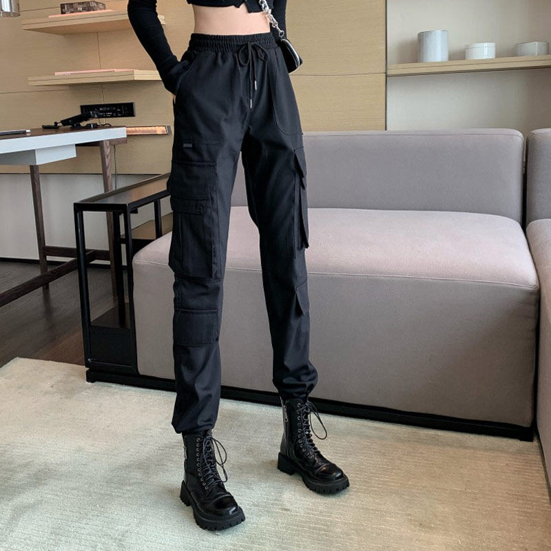 High waist thin black overalls women's autumn and summer plus velvet thickened 2023 new elastic waist tie rope handsome casual pants