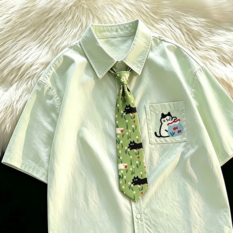 Light Green Short-Sleeved Shirt for Women, Japanese Style Cute Kitten Embroidered Shirt, Preppy Style with Tie, Loose and Versatile Top Light Green Short-Sleeved Shirt for Women, Japanese Style Cute Kitten Embroidered Shirt, Preppy Style with Tie, Loose and Versatile Top