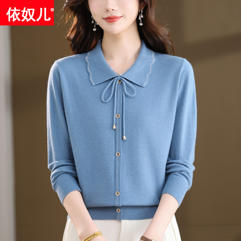 Silk Long-Sleeve T-Shirt for Women 2026 New Autumn Style Fashionable Lapel Tie Solid Color Top Knitted Blouse
