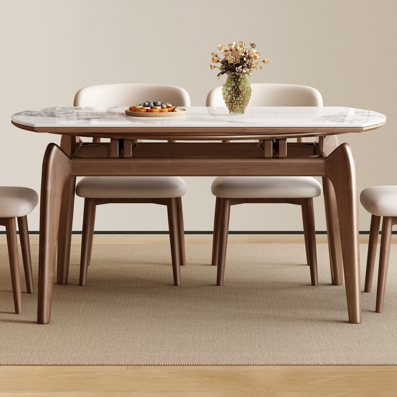 Rock Slab Dining Table and Chair Set, Extendable, Suitable for Small Households, Modern and Simple, with Cat Ear Design, Solid Wood, Foldable, Convertible Round Dining Table Rock Slab Dining Table and Chair Set, Extendable, Suitable for Small Households, Modern and Simple, with Cat Ear Design, Solid Wood, Foldable, Convertible Round Dining Table