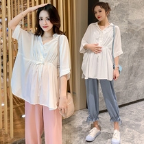 Pregnant women shirt foreign white shirt chiffon pregnant womens coat summer short sleeve loose belly cover long doll shirt