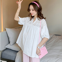 Summer shirt cotton and linen baby shirt maternity summer coat short sleeve summer thin long loose a-shaped shirt