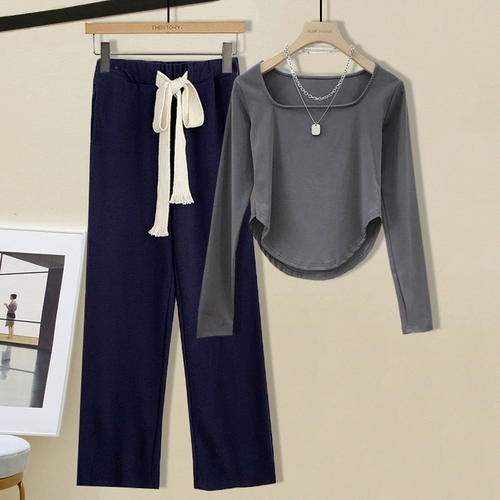 Осенний комплект, приталенный лонгслив, спортивные штаны для отдыха, популярно в интернете