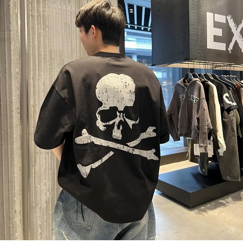 Dark Style Mmj Skull with Sanskrit Lettering Print Loose Round Neck Japanese Trendy Brand Half-Sleeve Short-Sleeve T-Shirt for Men and Women