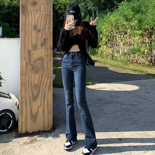 Retro Blue Bootcut Jeans for Women 2023 Autumn and Winter New Style Elastic Slimming Tall Velvet High-Waisted Horse Hoof Pants
