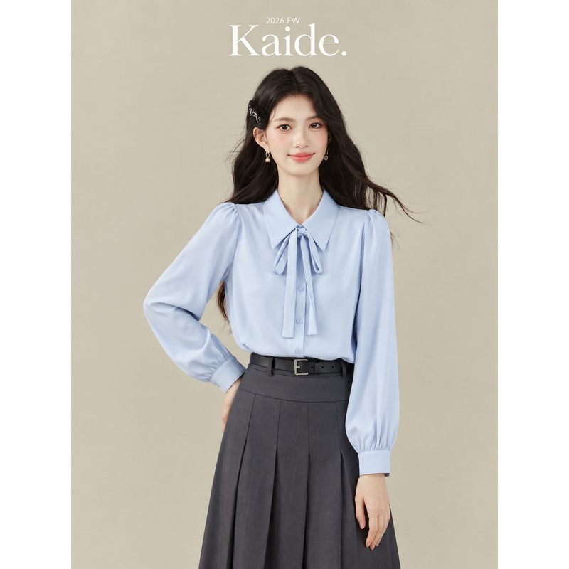 Blue Flutter Collar Shirt for Women 2026 New Long-Sleeved Bow Tie Workplace Commute Interview High-End Casual Shirt Blue Flutter Collar Shirt for Women 2026 New Long-Sleeved Bow Tie Workplace Commute Interview High-End Casual Shirt