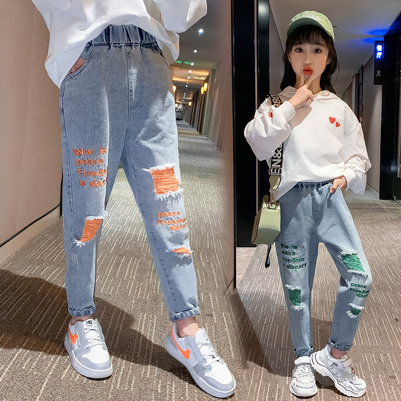 Children's Jeans for Girls Spring 2021 New Kids Big Boy Western School Loose Casual Korean Version Spring and Autumn Pants