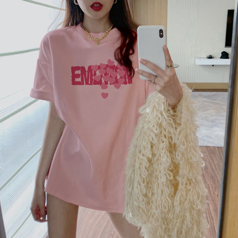 Pink Pure Cotton Letter Print Loose Short-Sleeve T-Shirt for Women, 2026 Spring/Summer New European Style Oversized Mid-Length Top with a Stylish Look