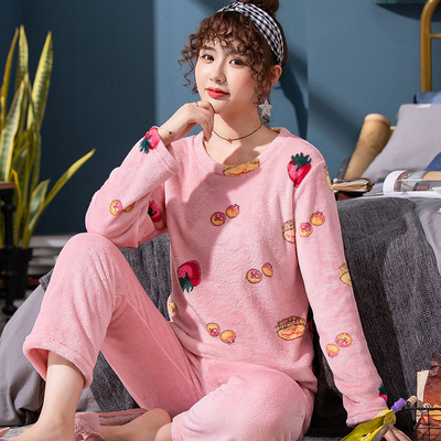 睡衣女冬加绒加厚法兰绒保暖卡通圆领