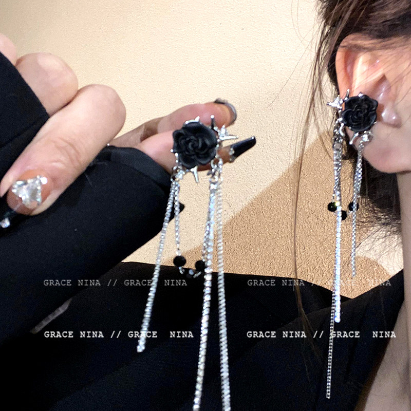 Dark style ~ Thorn rose tassel ear clips for women without pierced ears, high-end and stylish earrings for a sexy look, niche winter style.