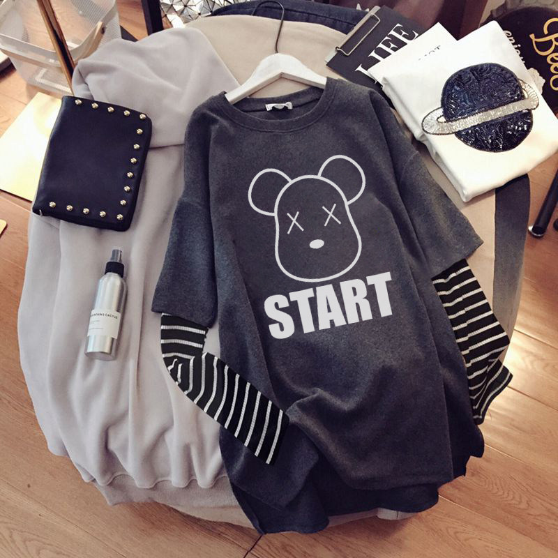 Pregnant women hit the Han Edition of mid-long sleeve loose t-shirt tops pure cotton spring and autumn pregnant women fashion trend