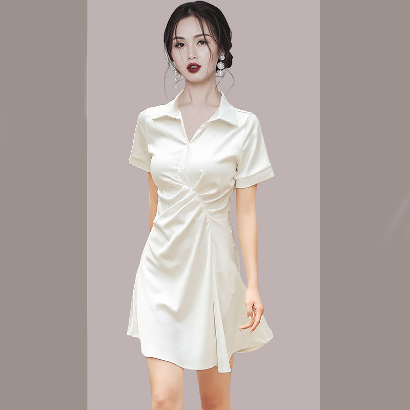 Small man acetate satin chiffon dress women's 2022 summer new style temperament waist slim shirt skirt
