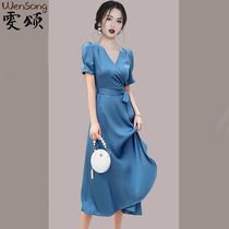 Satin dress dress 2022 dress 2022 Summer dress New temperament High end elegance Vanity Goddess Fan Sashimi Slim Dress