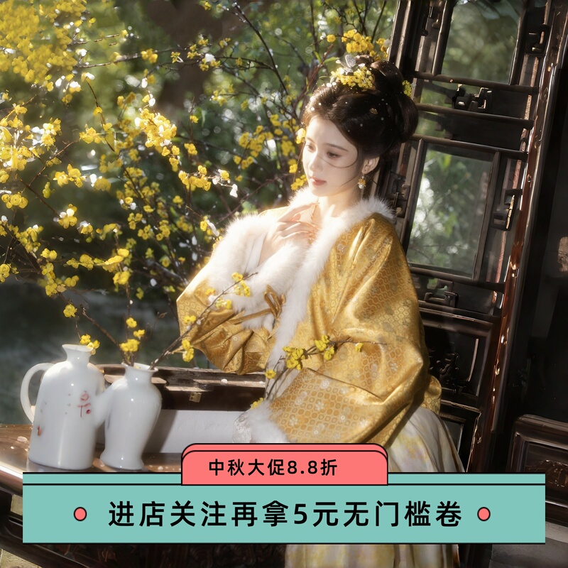 Hanfu for Women, New Winter Style, Luxurious Two-Piece Set with Velvet Lining, Yellow Outer Shirt and Chest-Length Skirt, Chinese Style Hanfu for Women, New Winter Style, Luxurious Two-Piece Set with Velvet Lining, Yellow Outer Shirt and Chest-Length Skirt, Chinese Style