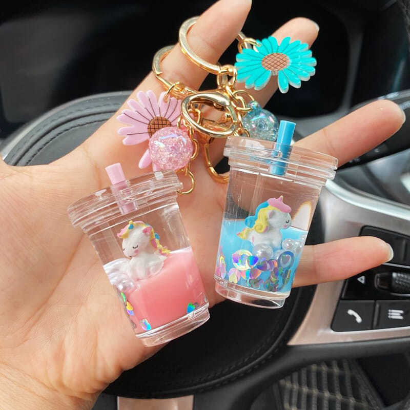 Bag pendant milk tea Floating Unicorn Cute Cartoon Streaming Sand Liquid Pendant Couple Key Button Girl Festival